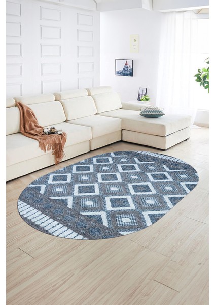 Dijital Kaymaz Yıkanabilir Modern Desen Oval Yolluk Mutfak Salon Halısı, N-O-Modern-69-Mavi, fiyatları