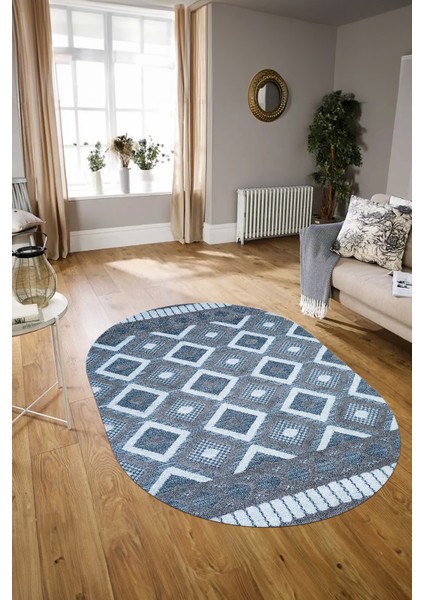Dijital Kaymaz Yıkanabilir Modern Desen Oval Yolluk Mutfak Salon Halısı, N-O-Modern-69-Mavi, modelleri