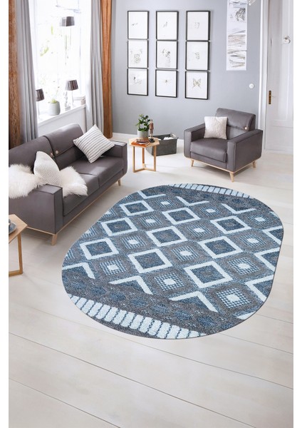 Dijital Kaymaz Yıkanabilir Modern Desen Oval Yolluk Mutfak Salon Halısı, N-O-Modern-69-Mavi, indirimleri