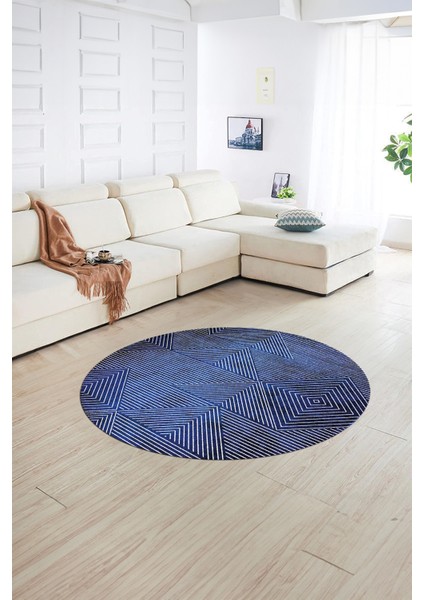 Dijital Kaymaz Taban Yıkanabilir Modern Desen Yuvarlak Mutfak Salon Halısı, N-Y-MODERN-111-MAVİ,