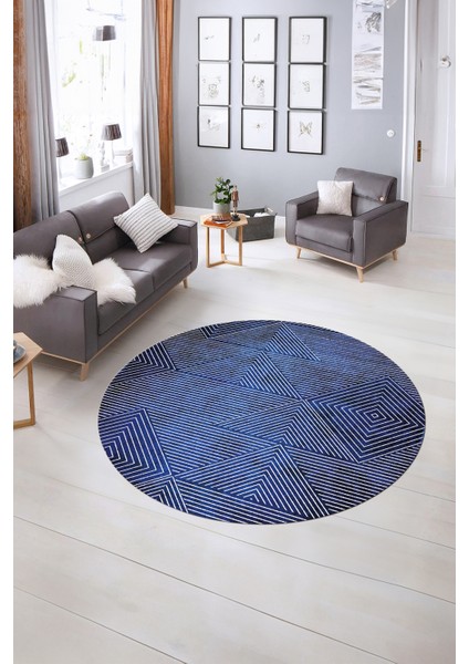 Dijital Kaymaz Taban Yıkanabilir Modern Desen Yuvarlak Mutfak Salon Halısı, N-Y-MODERN-111-MAVİ,