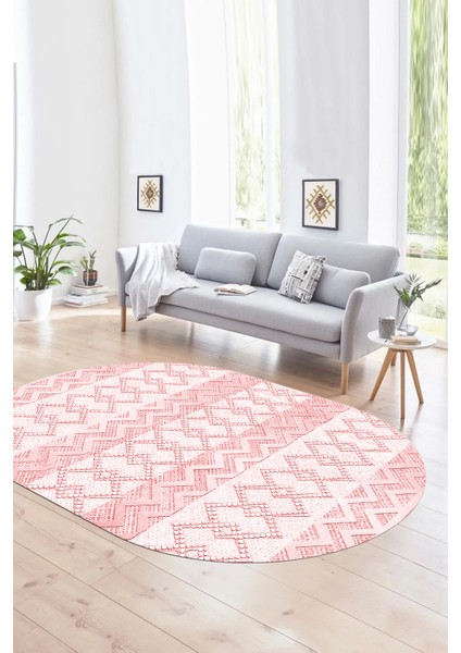 Dijital Kaymaz Yıkanabilir Modern Desen Oval Yolluk Mutfak Salon Halısı, N-O-Modern-56-Pembe,