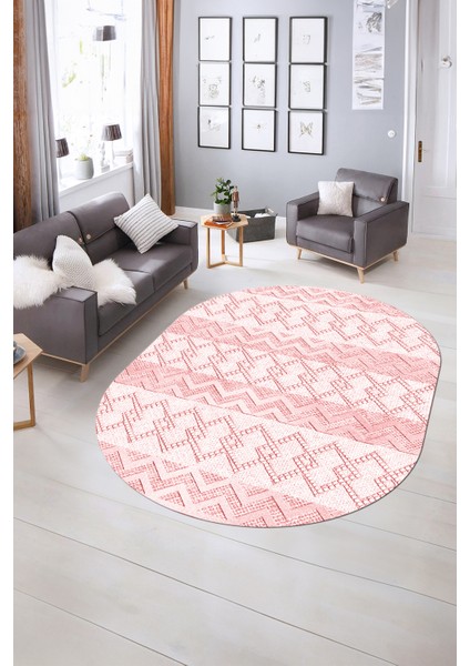 Dijital Kaymaz Yıkanabilir Modern Desen Oval Yolluk Mutfak Salon Halısı, N-O-Modern-56-Pembe, indirimleri