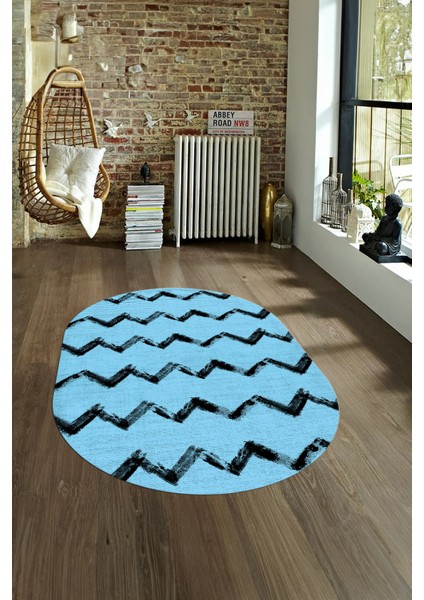 Dijital Kaymaz Yıkanabilir Modern Desen Oval Yolluk Mutfak Salon Halısı, N-O-Modern-71-Mavi, fırsatları