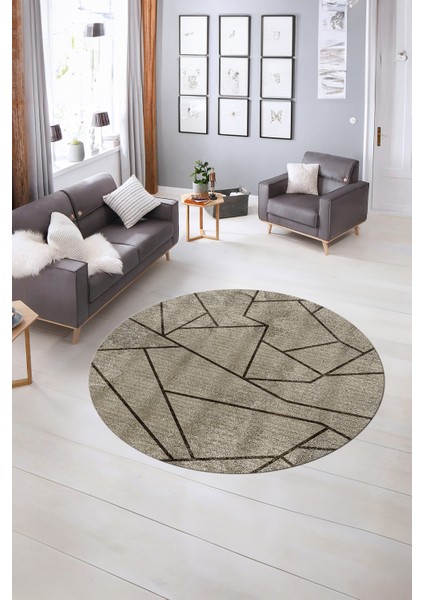 Dijital Kaymaz Taban Yıkanabilir Modern Desen Yuvarlak Mutfak Salon Halısı, N-Y-MODERN-117-VİZON,