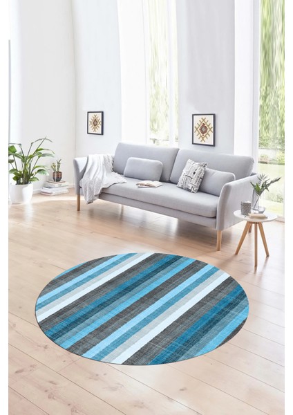 Dijital Kaymaz Taban Yıkanabilir Modern Desen Yuvarlak Mutfak Salon Halısı, N-Y-Modern-25-Mavi,