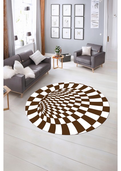 Dijital Kaymaz Taban Yıkanabilir Modern Desen Yuvarlak Mutfak Salon Halısı, N-Y-Modern-78-Kahve,