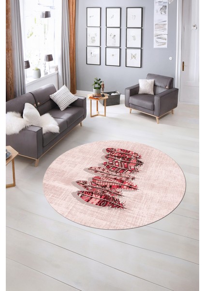 Dijital Kaymaz Taban Yıkanabilir Modern Desen Yuvarlak Mutfak Salon Halısı, N-Y-Modern-50-Pembe,