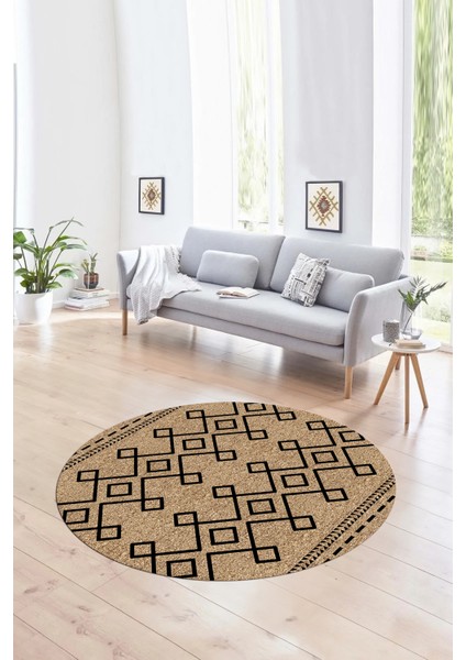 Dijital Kaymaz Taban Yıkanabilir Modern Desen Yuvarlak Mutfak Salon Halısı, N-Y-Modern-87-Krem,