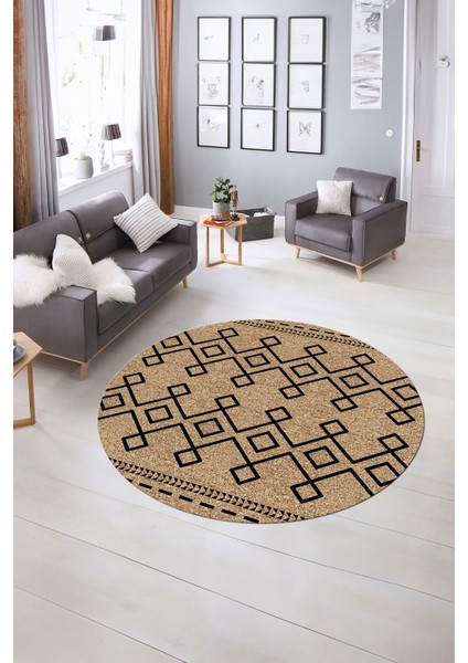 Dijital Kaymaz Taban Yıkanabilir Modern Desen Yuvarlak Mutfak Salon Halısı, N-Y-Modern-87-Krem, indirimleri