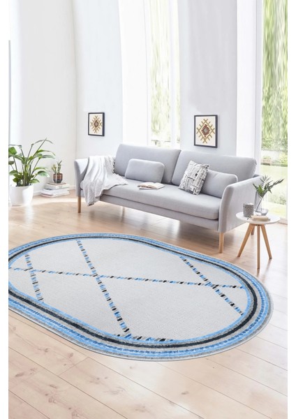 Dijital Kaymaz Yıkanabilir Modern Desen Oval Yolluk Mutfak Salon Halısı, N-O-Modern-76-Mavi,