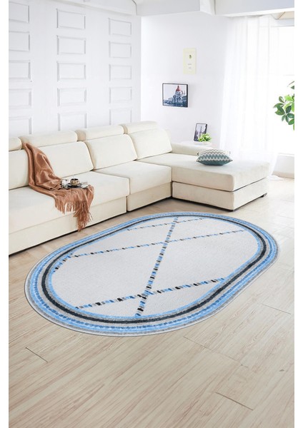 Dijital Kaymaz Yıkanabilir Modern Desen Oval Yolluk Mutfak Salon Halısı, N-O-Modern-76-Mavi, fiyatları