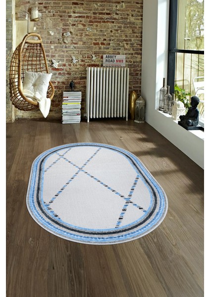 Dijital Kaymaz Yıkanabilir Modern Desen Oval Yolluk Mutfak Salon Halısı, N-O-Modern-76-Mavi, fırsatları