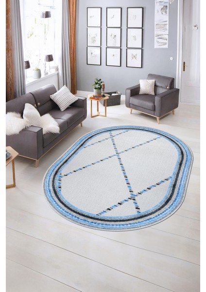 Dijital Kaymaz Yıkanabilir Modern Desen Oval Yolluk Mutfak Salon Halısı, N-O-Modern-76-Mavi, indirimleri