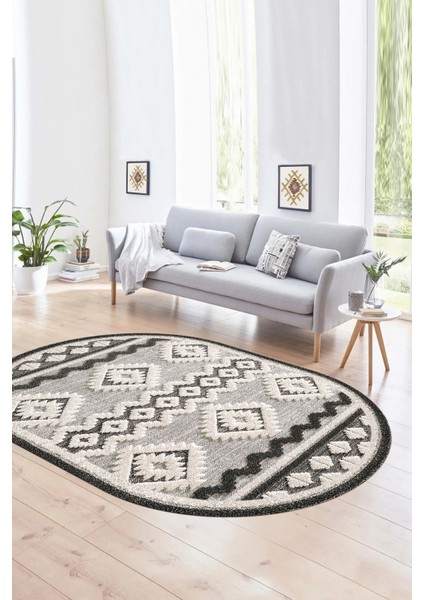 Dijital Kaymaz Yıkanabilir Modern Desen Oval Yolluk Mutfak Salon Halısı, N-O-Modern-68-Krem,