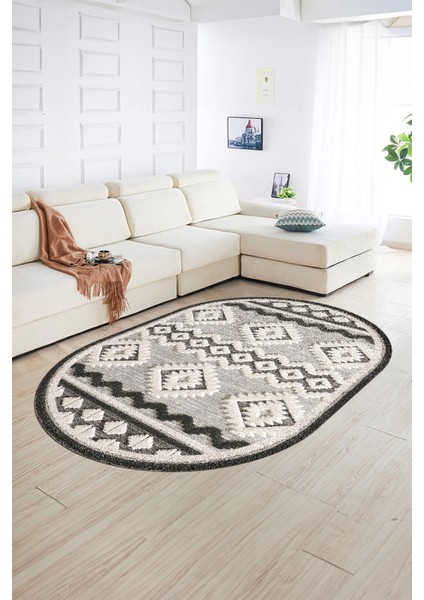 Dijital Kaymaz Yıkanabilir Modern Desen Oval Yolluk Mutfak Salon Halısı, N-O-Modern-68-Krem,