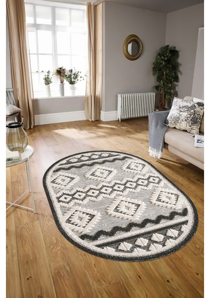 Dijital Kaymaz Yıkanabilir Modern Desen Oval Yolluk Mutfak Salon Halısı, N-O-Modern-68-Krem,