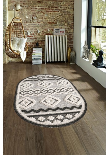 Dijital Kaymaz Yıkanabilir Modern Desen Oval Yolluk Mutfak Salon Halısı, N-O-Modern-68-Krem,