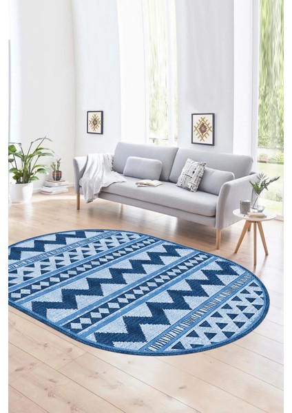 Dijital Kaymaz Yıkanabilir Modern Desen Oval Yolluk Mutfak Salon Halısı, N-O-MODERN-105-MAVİ,