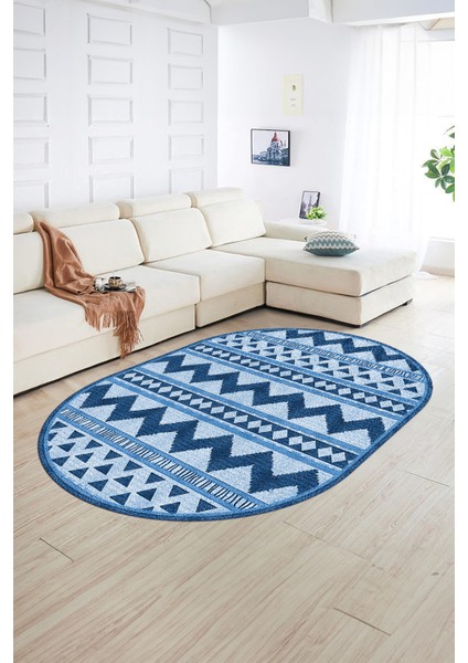 Dijital Kaymaz Yıkanabilir Modern Desen Oval Yolluk Mutfak Salon Halısı, N-O-MODERN-105-MAVİ, fiyatları