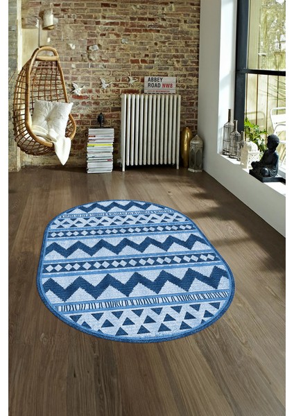Dijital Kaymaz Yıkanabilir Modern Desen Oval Yolluk Mutfak Salon Halısı, N-O-MODERN-105-MAVİ, fırsatları