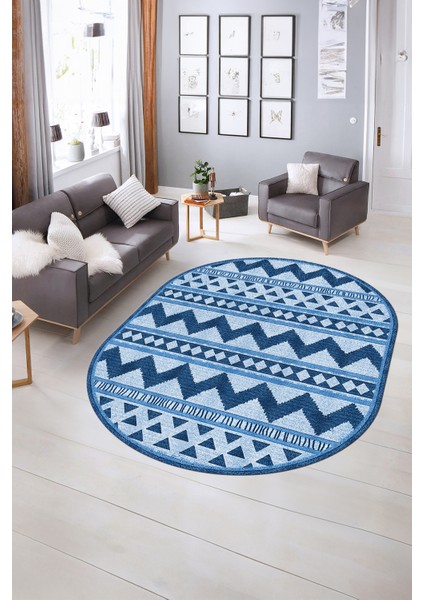 Dijital Kaymaz Yıkanabilir Modern Desen Oval Yolluk Mutfak Salon Halısı, N-O-MODERN-105-MAVİ, indirimleri