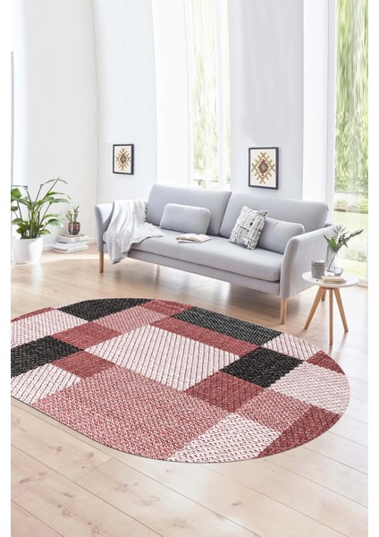 Dijital Kaymaz Yıkanabilir Modern Desen Oval Yolluk Mutfak Salon Halısı, N-O-Modern-77-Kırmızı,