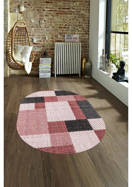 Dijital Kaymaz Yıkanabilir Modern Desen Oval Yolluk Mutfak Salon Halısı, N-O-Modern-77-Kırmızı, fırsatları