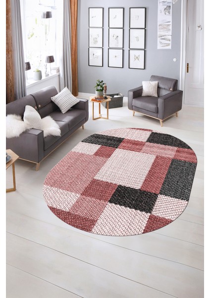 Dijital Kaymaz Yıkanabilir Modern Desen Oval Yolluk Mutfak Salon Halısı, N-O-Modern-77-Kırmızı, indirimleri