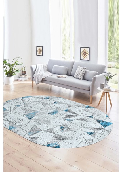 Dijital Kaymaz Yıkanabilir Modern Desen Oval Yolluk Mutfak Salon Halısı, N-O-Modern-82-Mavi,