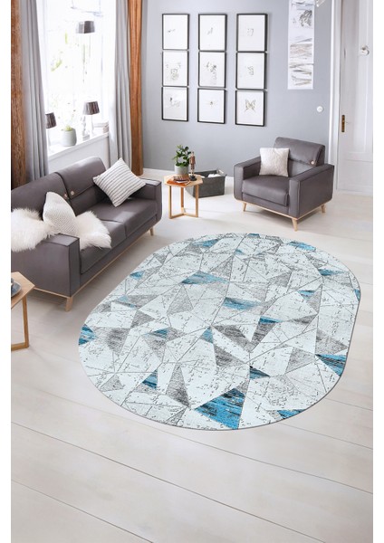 Dijital Kaymaz Yıkanabilir Modern Desen Oval Yolluk Mutfak Salon Halısı, N-O-Modern-82-Mavi, indirimleri