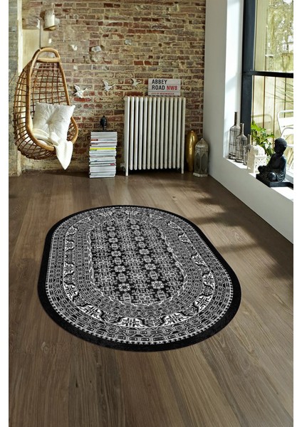 Dijital Kaymaz Yıkanabilir Modern Desen Oval Yolluk Mutfak Salon Halısı, N-O-MODERN-113-ANTRASİT, fırsatları