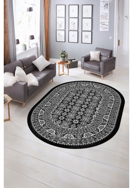 Dijital Kaymaz Yıkanabilir Modern Desen Oval Yolluk Mutfak Salon Halısı, N-O-MODERN-113-ANTRASİT, indirimleri