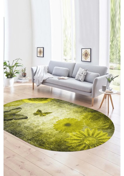 Dijital Kaymaz Yıkanabilir Modern Desen Oval Yolluk Mutfak Salon Halısı, N-O-MODERN-109-SARI,