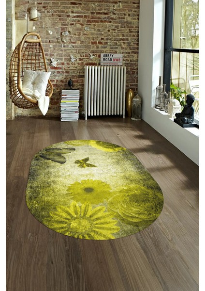 Dijital Kaymaz Yıkanabilir Modern Desen Oval Yolluk Mutfak Salon Halısı, N-O-MODERN-109-SARI, fırsatları