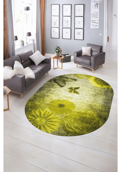 Dijital Kaymaz Yıkanabilir Modern Desen Oval Yolluk Mutfak Salon Halısı, N-O-MODERN-109-SARI, indirimleri