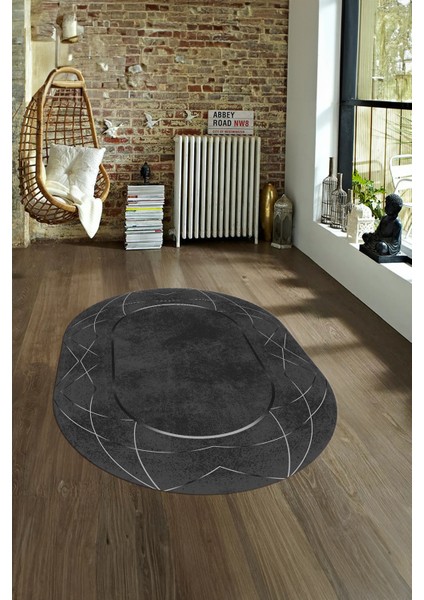 Dijital Kaymaz Yıkanabilir Modern Desen Oval Yolluk Mutfak Salon Halısı, N-O-Modern-62-Antrasit,