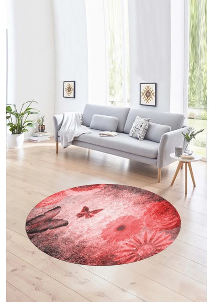 Dijital Kaymaz Taban Yıkanabilir Modern Desen Yuvarlak Mutfak Salon Halısı, N-Y-MODERN-109-KIRMIZI,