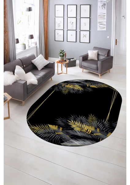 Dijital Kaymaz Yıkanabilir Modern Desen Oval Yolluk Mutfak Salon Halısı, N-O-Modern-26-Gold,