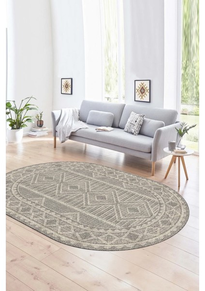 Dijital Kaymaz Yıkanabilir Modern Desen Oval Yolluk Mutfak Salon Halısı, N-O-MODERN-108-BEJ,