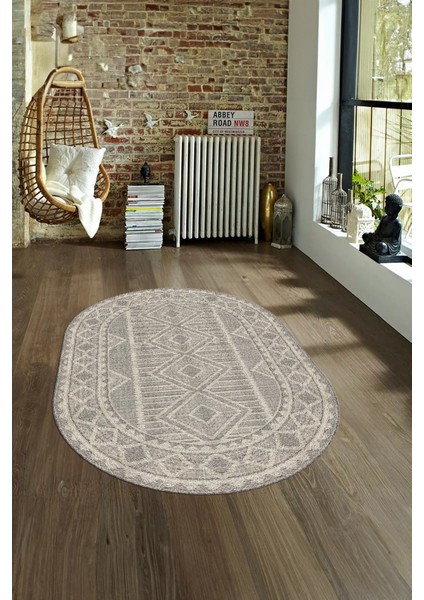 Dijital Kaymaz Yıkanabilir Modern Desen Oval Yolluk Mutfak Salon Halısı, N-O-MODERN-108-BEJ, fırsatları