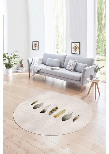 Dijital Kaymaz Taban Yıkanabilir Modern Desen Yuvarlak Mutfak Salon Halısı, N-Y-MODERN-115-KREM,