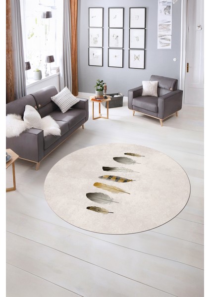 Dijital Kaymaz Taban Yıkanabilir Modern Desen Yuvarlak Mutfak Salon Halısı, N-Y-MODERN-115-KREM, indirimleri