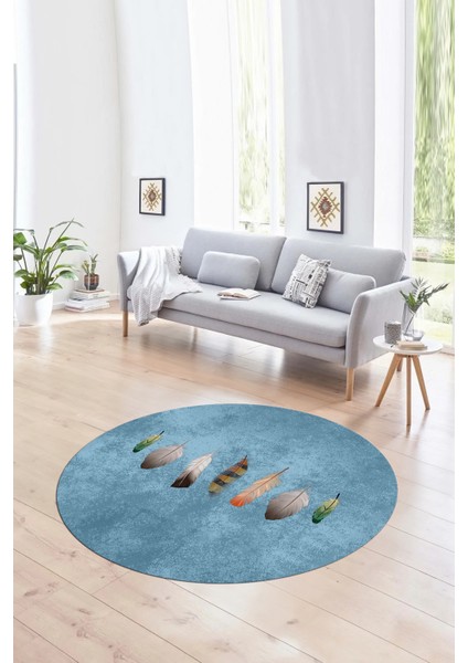Dijital Kaymaz Taban Yıkanabilir Modern Desen Yuvarlak Mutfak Salon Halısı, N-Y-MODERN-115-MAVİ,