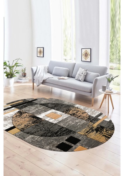 Dijital Kaymaz Yıkanabilir Modern Desen Oval Yolluk Mutfak Salon Halısı, N-O-Modern-33-Gold,