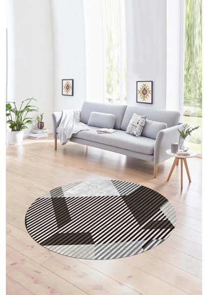 Dijital Kaymaz Taban Yıkanabilir Modern Desen Yuvarlak Mutfak Salon Halısı, N-Y-Modern-09-Kahve,