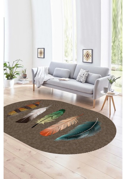 Dijital Kaymaz Yıkanabilir Modern Desen Oval Yolluk Mutfak Salon Halısı, N-O-MODERN-114-KAHVE,