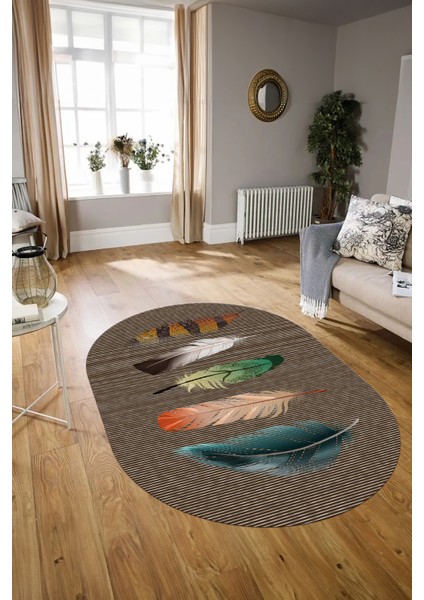 Dijital Kaymaz Yıkanabilir Modern Desen Oval Yolluk Mutfak Salon Halısı, N-O-MODERN-114-KAHVE, modelleri