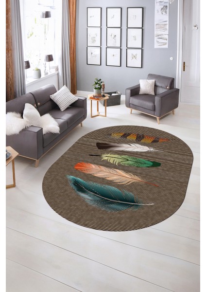 Dijital Kaymaz Yıkanabilir Modern Desen Oval Yolluk Mutfak Salon Halısı, N-O-MODERN-114-KAHVE, indirimleri