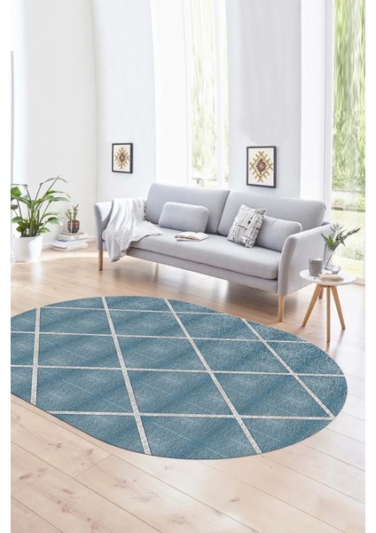 Dijital Kaymaz Yıkanabilir Modern Desen Oval Yolluk Mutfak Salon Halısı, N-O-MODERN-116-MAVİ,